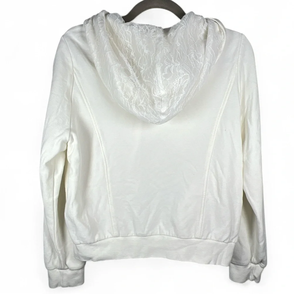 Like New White Pink Mary Ribbed Lace Hooded Zip Up Side Pockets Size Large